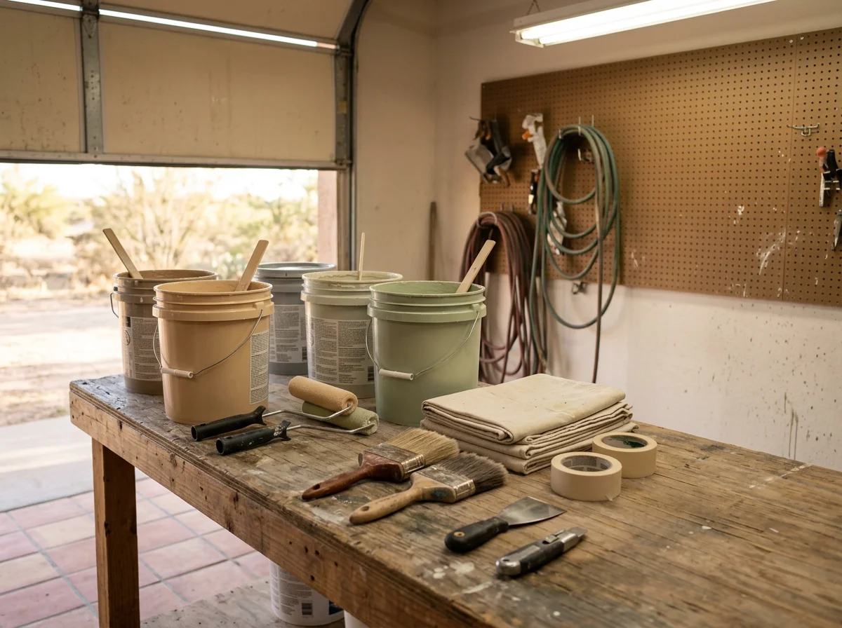 Painting tools and supplies arranged on a work surface, representing the equipment our crew uses on residential and commercial renovation jobs.