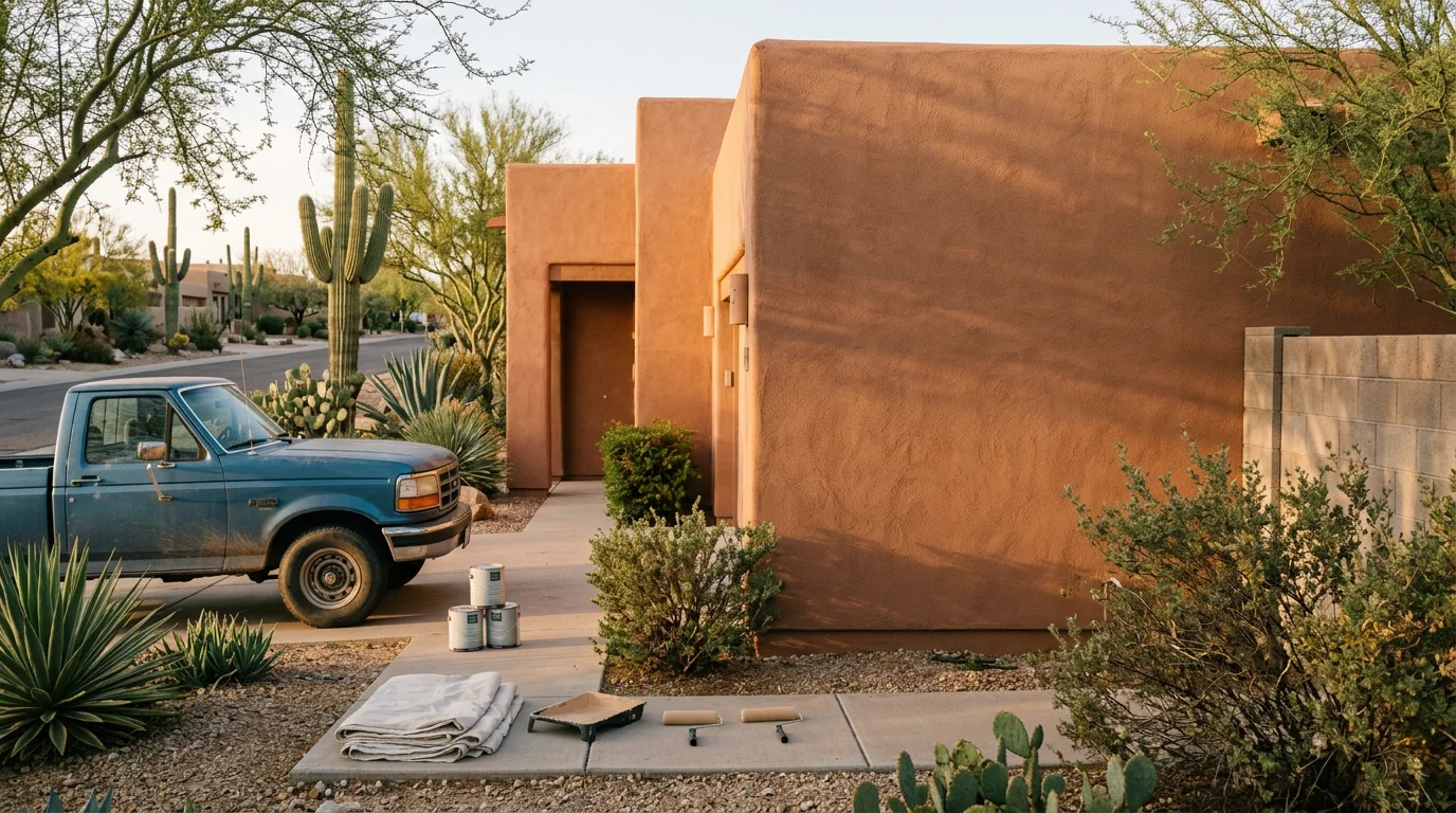 Painter from Desert Ball Renovation LLC applying paint to a wall in a Tucson home