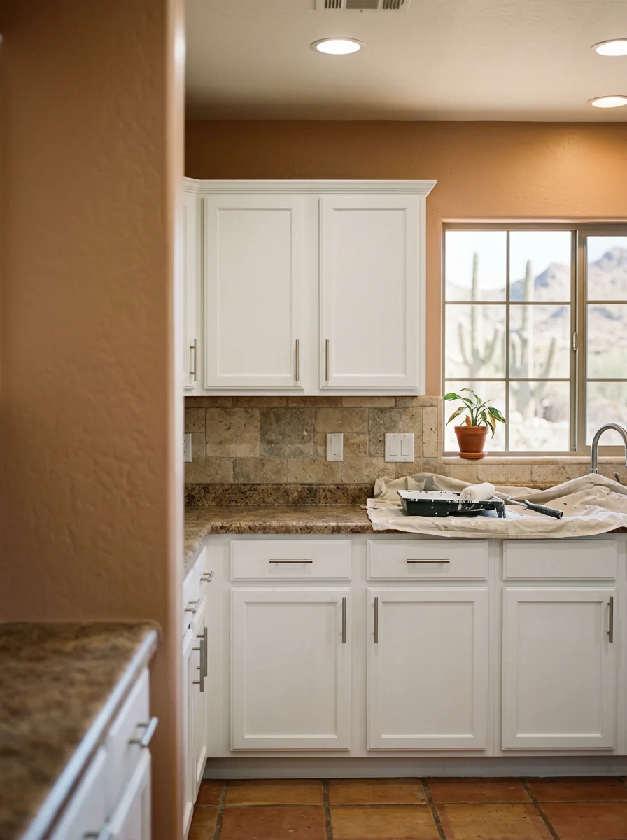 Freshly painted kitchen cabinets inside a Marana home, showing clean white finish coat and updated hardware against desert-toned walls.