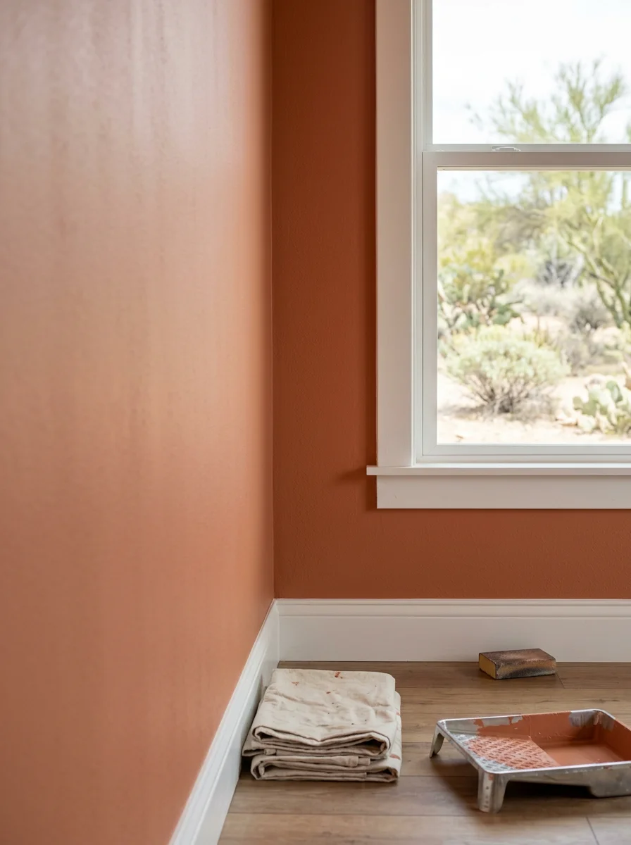 Freshly painted interior room in a Nogales home showing repaired drywall and smooth finish coat with clean edges at window trim and baseboard.