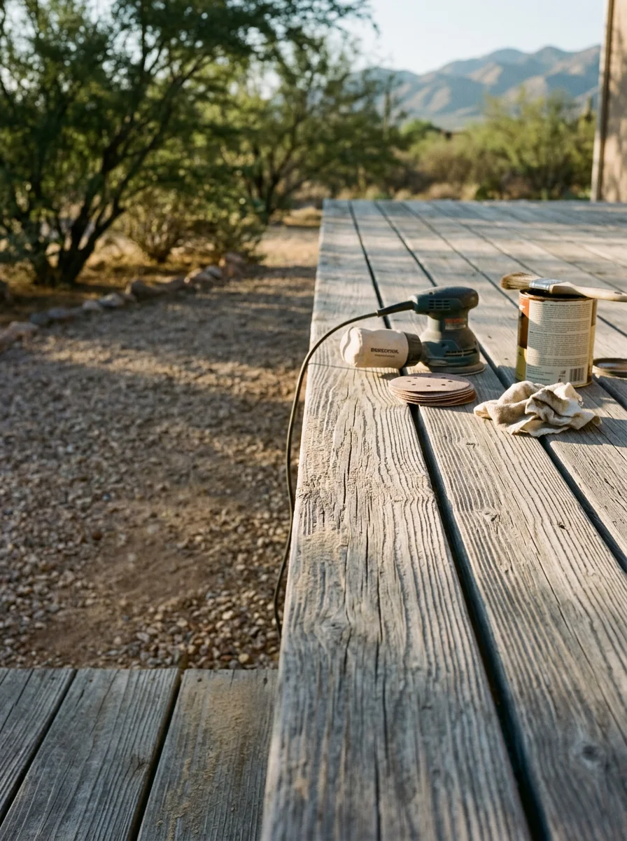 Close-up of wood deck boards on an Oracle acreage property being prepared for staining, showing weathered gray wood grain before treatment.