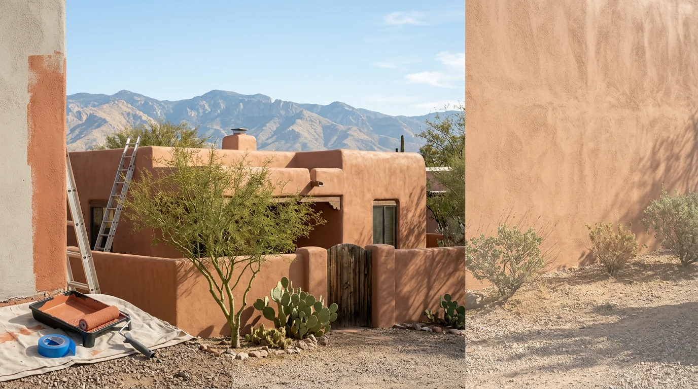 Painter applying UV-resistant exterior coating to a stucco home in Tucson, Arizona, with the Santa Catalina Mountains visible in the background.