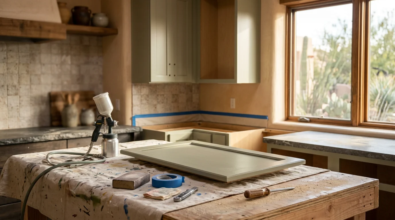 Kitchen cabinets in a Tucson home after professional spray painting, showing smooth semi-gloss finish on shaker-style doors and drawer fronts with updated hardware. Before-and-after view of dated stained oak cabinets transformed to a clean painted finish by Desert Ball Renovation LLC.
