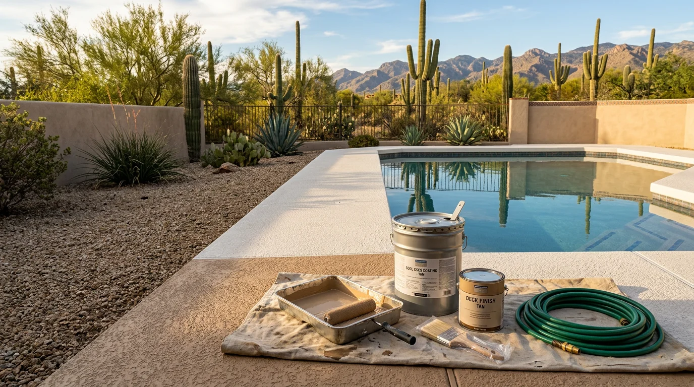 A freshly painted wood deck in a Tucson, Arizona backyard with a clean, even coat of solid stain applied over prepped boards. The surrounding desert landscaping and bright Arizona sky are visible in the background.