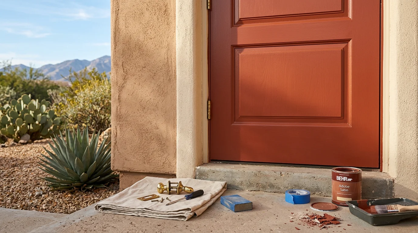 A freshly painted front door on a Tucson, Arizona home, showing clean edges around the hardware and an even finish suited for desert sun exposure. The door stands in sharp contrast to the surrounding stucco exterior typical of Southern Arizona homes.