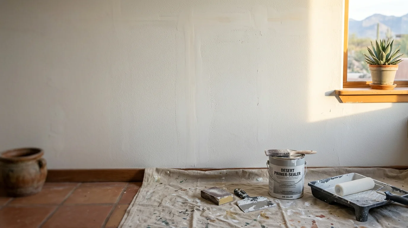 Freshly painted interior drywall walls in a Tucson, Arizona home showing smooth, even coverage with clean edges along the trim and ceiling. A paint roller and primer sealer are visible in the foreground, reflecting the prep work completed before the final coat was applied.