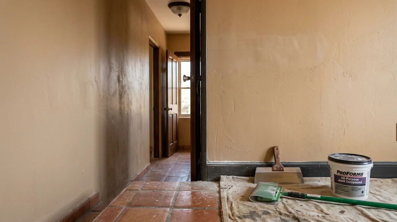 A smooth, freshly repaired interior wall in a Tucson, Arizona home showing a flat, paint-ready surface where a crack and hole have been patched. The repaired area blends evenly with the surrounding drywall texture.