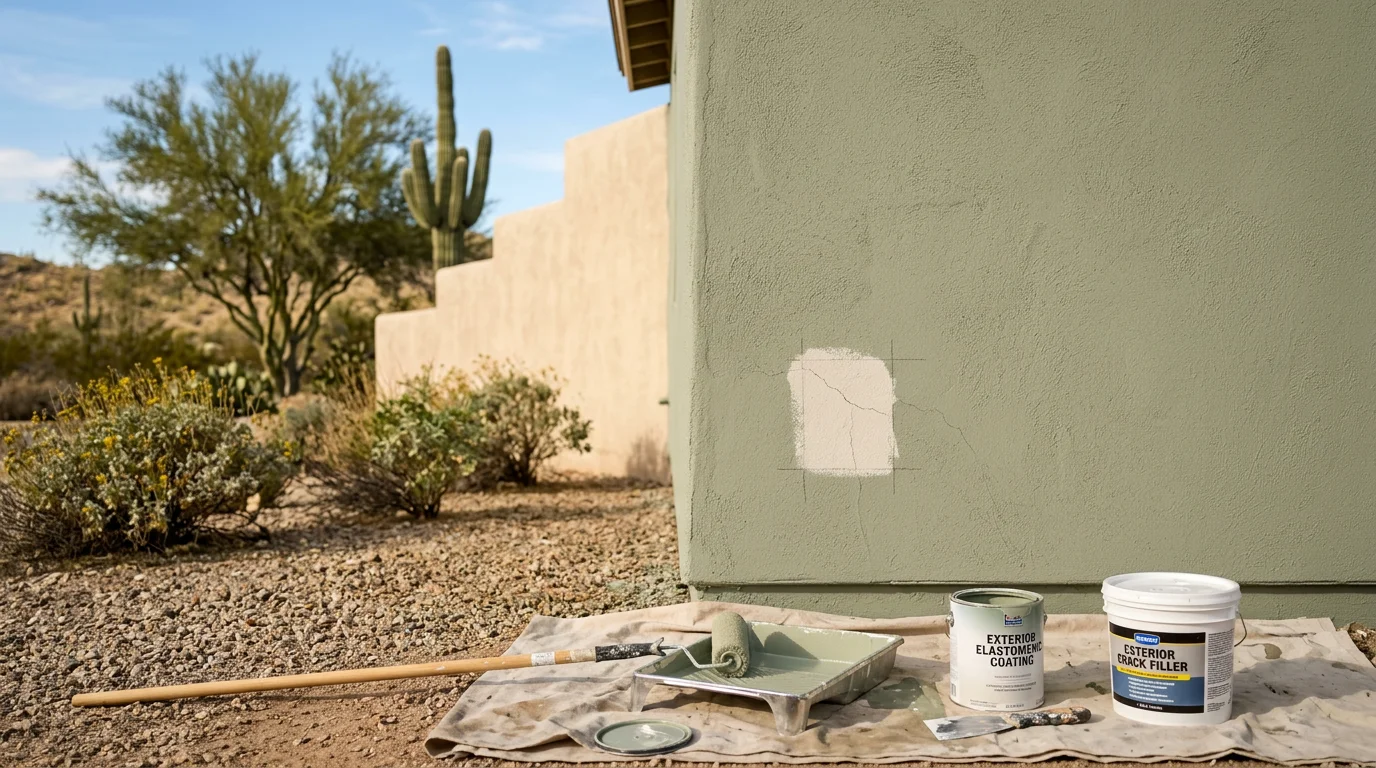 Freshly painted stucco exterior of a single-family home in Tucson, Arizona, showing clean, even color on sun-exposed walls with painted trim. Desert landscaping and a clear blue sky are visible in the background.