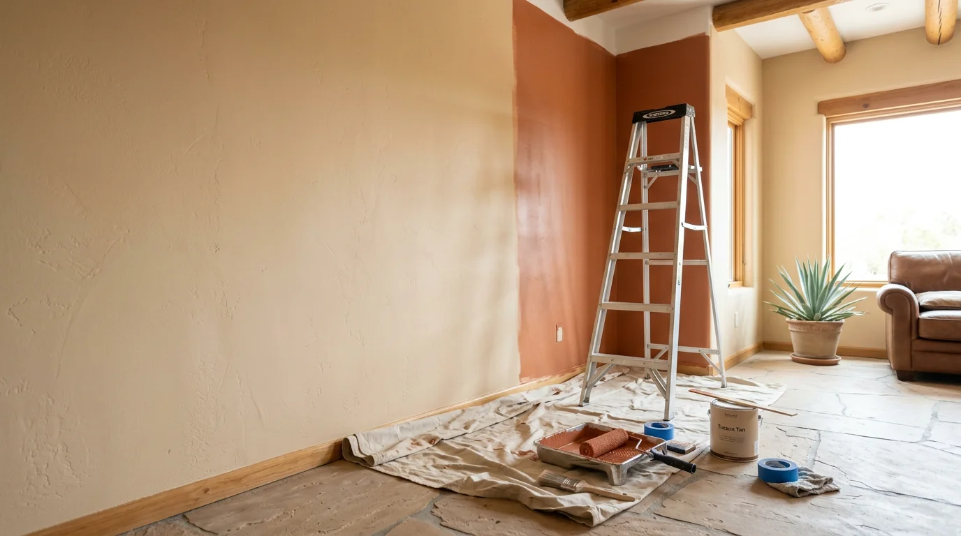 Freshly painted interior living room walls in a Tucson, Arizona home showing smooth, even coverage on sun-exposed walls with clean trim lines. A professional painter from Desert Ball Renovation LLC applies a finish coat in a residential space in the Tucson area.