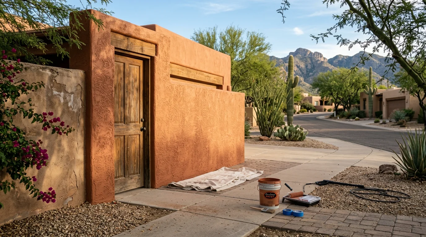 A freshly painted wood siding exterior on a single-family home in Tucson, Arizona, showing clean, even coverage in a light desert-tone color. The south-facing wall is shown in full afternoon sun, with no peeling or fading visible on the finished surface.