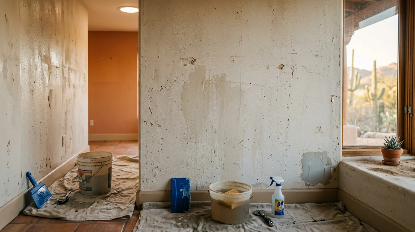 A Tucson, Arizona interior wall after professional wallpaper removal, showing a clean, smooth surface with all paper and adhesive residue cleared away. The bare drywall is intact and ready for primer and paint.