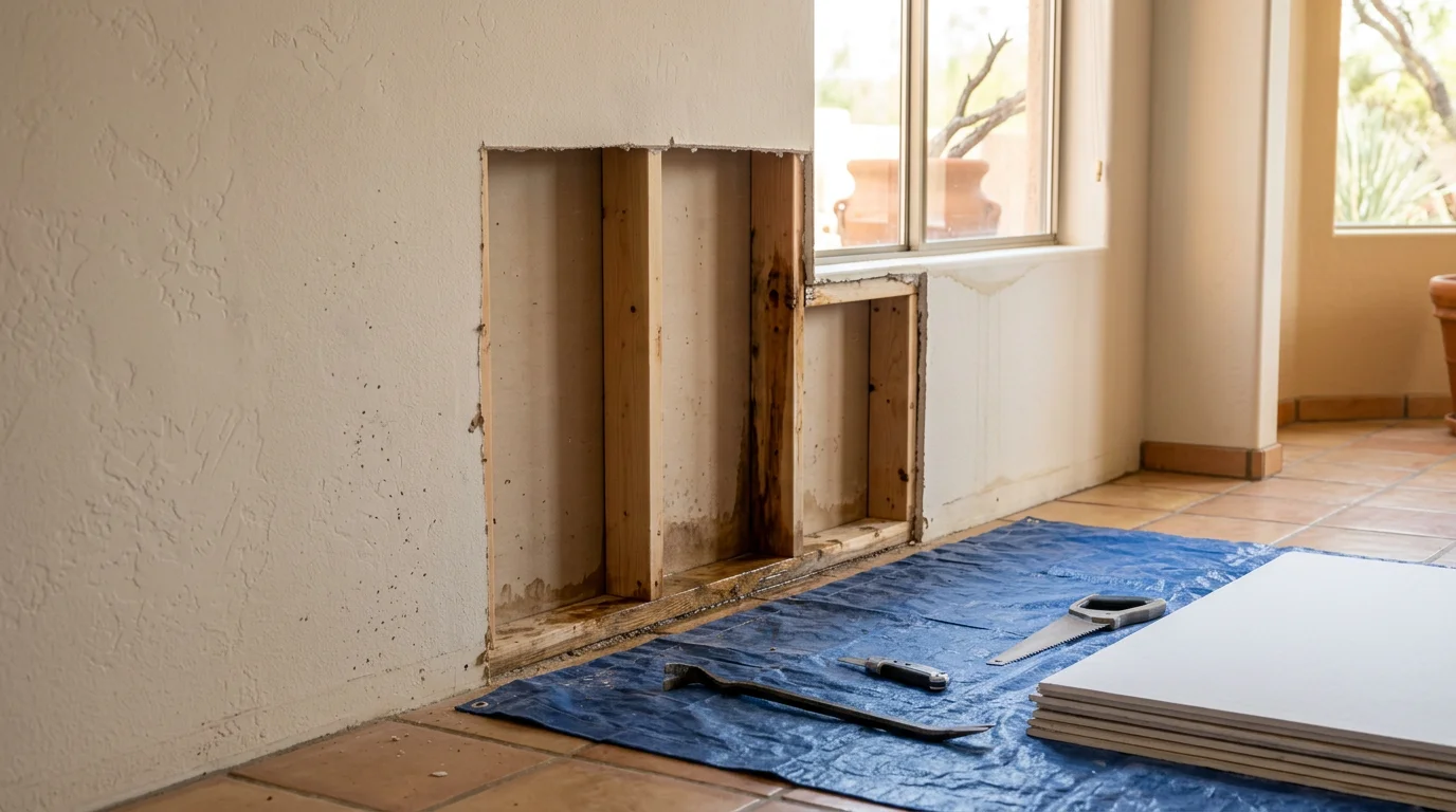 Interior wall repair in a Tucson, Arizona home showing removed water-damaged drywall and exposed wall framing ready for reconstruction. A contractor assesses the extent of water intrusion damage before beginning the rebuild process.