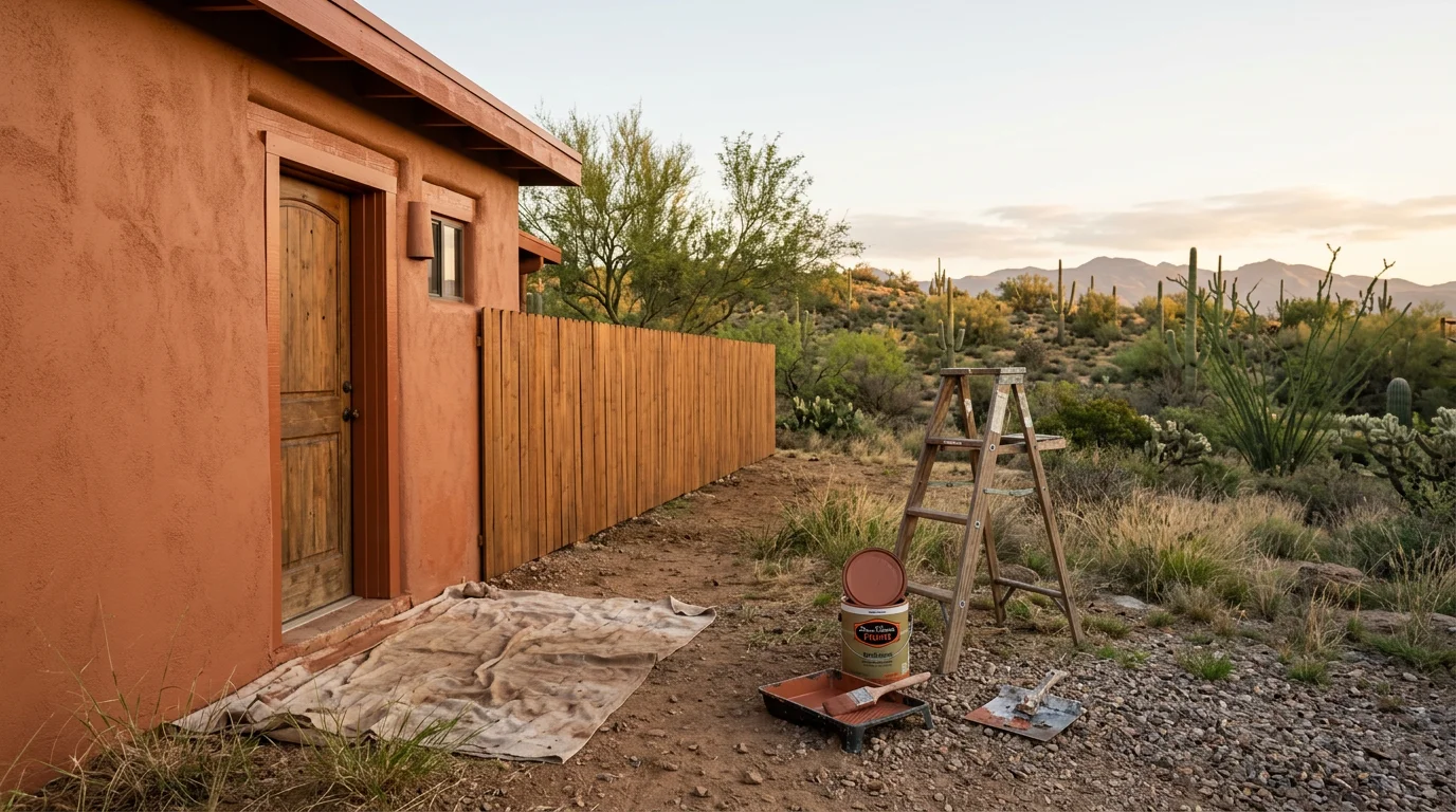 Freshly painted exterior wood trim and fascia boards on a Tucson, Arizona home, showing clean brush-applied finish on sun-exposed wood surfaces. Close-up view of painted wood siding with smooth, even coverage against a clear desert sky background.