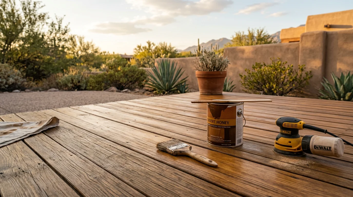 A freshly stained wood deck on a Tucson, Arizona home showing even, rich color after professional surface prep and UV-resistant stain application. The desert landscaping and bright Arizona sky are visible in the background.