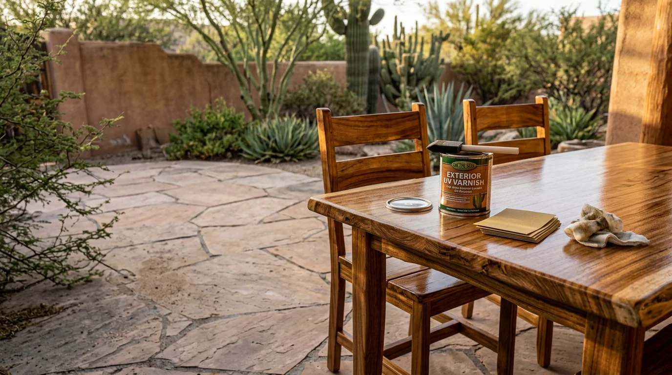 A wood dining table with a freshly applied varnish finish showing clear grain detail and a smooth, even sheen. Work completed by Desert Ball Renovation LLC for a Tucson, Arizona homeowner.